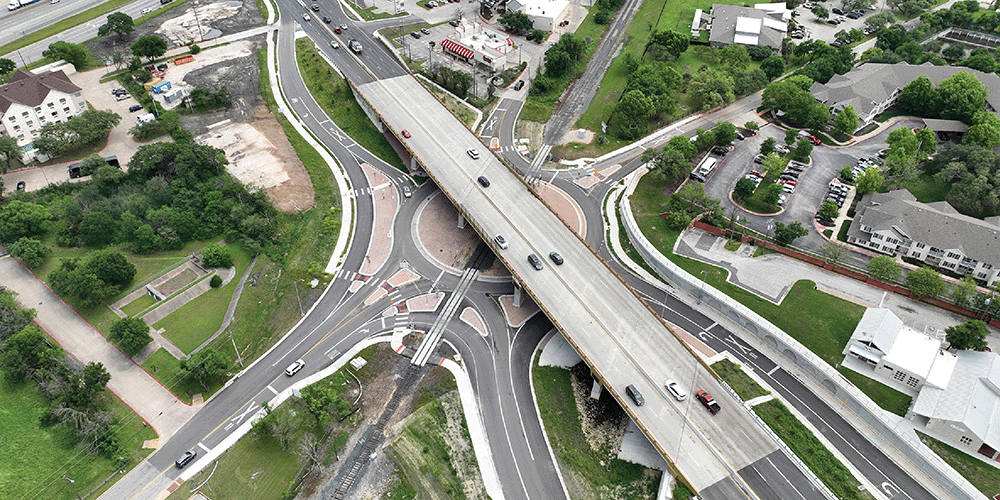 Overhead view of a roundabout intersection