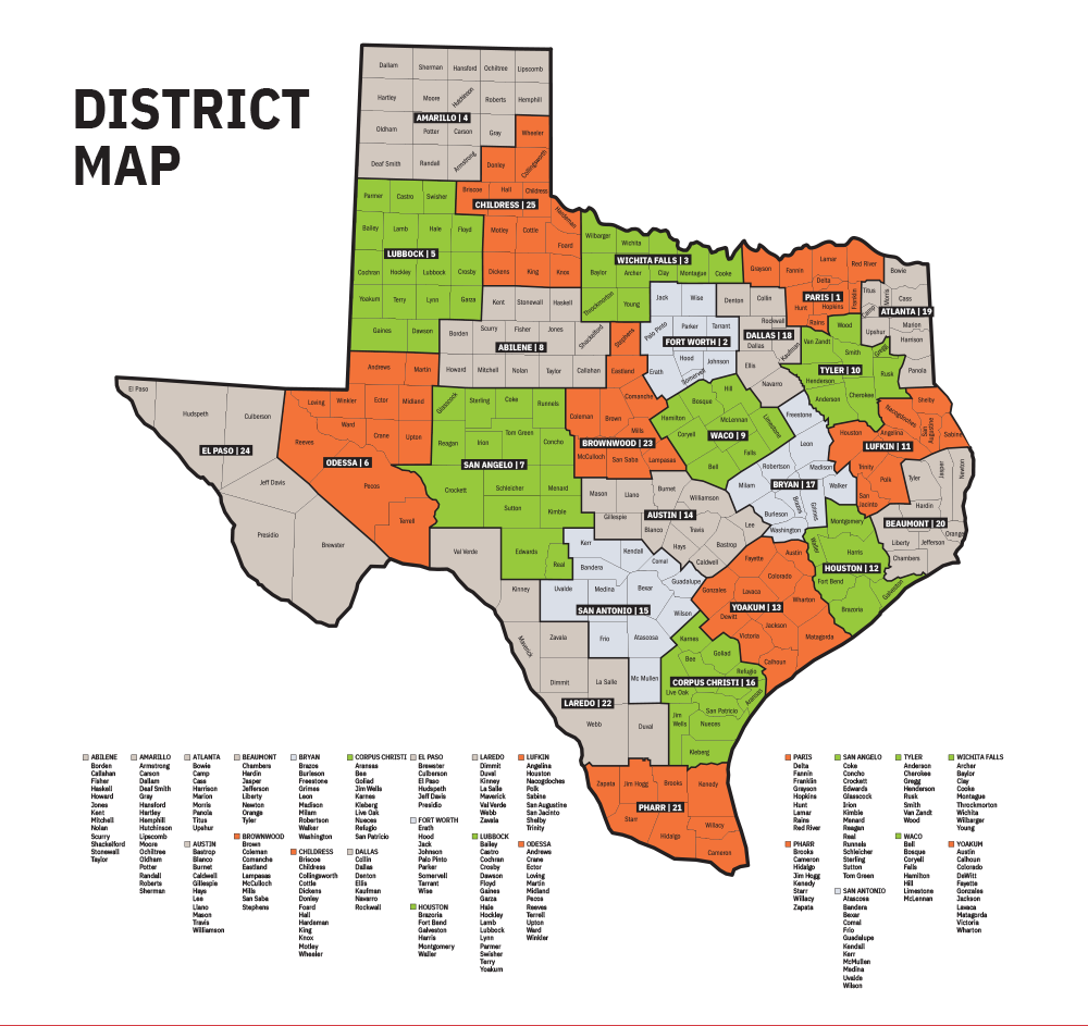 TxDOT District Map Texas Department of Transportation District map with counties belonging to each district.