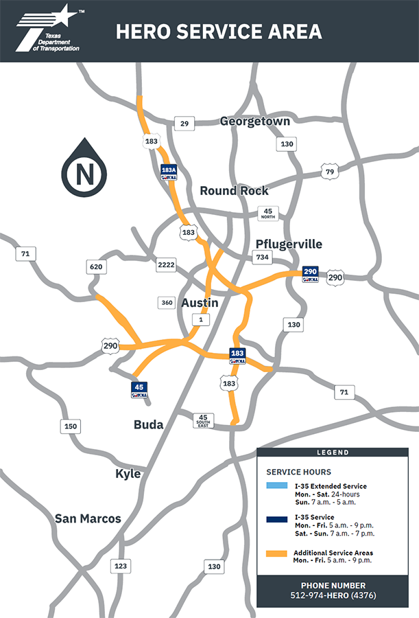 Mapa del área de servicio para el programa HERO del área de Austin