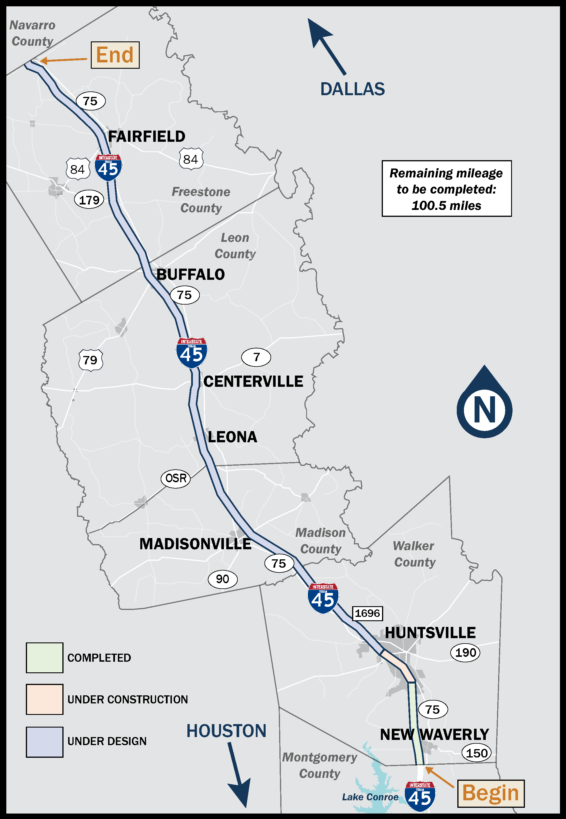 I-45 corridor map from Fairfield to New Waverly