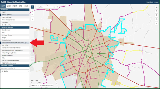 Functional Classification & Urban Areas Select “Functional Classification & Urban Areas” overlay in the left side menu