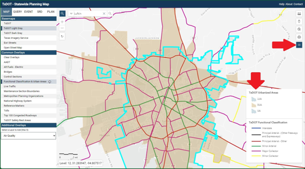 Legend tab The “Legend” tab on the right side of the map will indicate what each road is classified as
