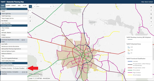 Roadway Inventory-On-System Roadbeds The 'Roadway Inventory-On-System Roadbeds' can be used to show which roads overlap as also being eligible and on the Texas Highway System.