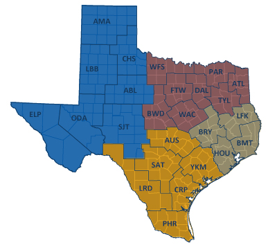 Mapa de los 25 distritos de TxDOT