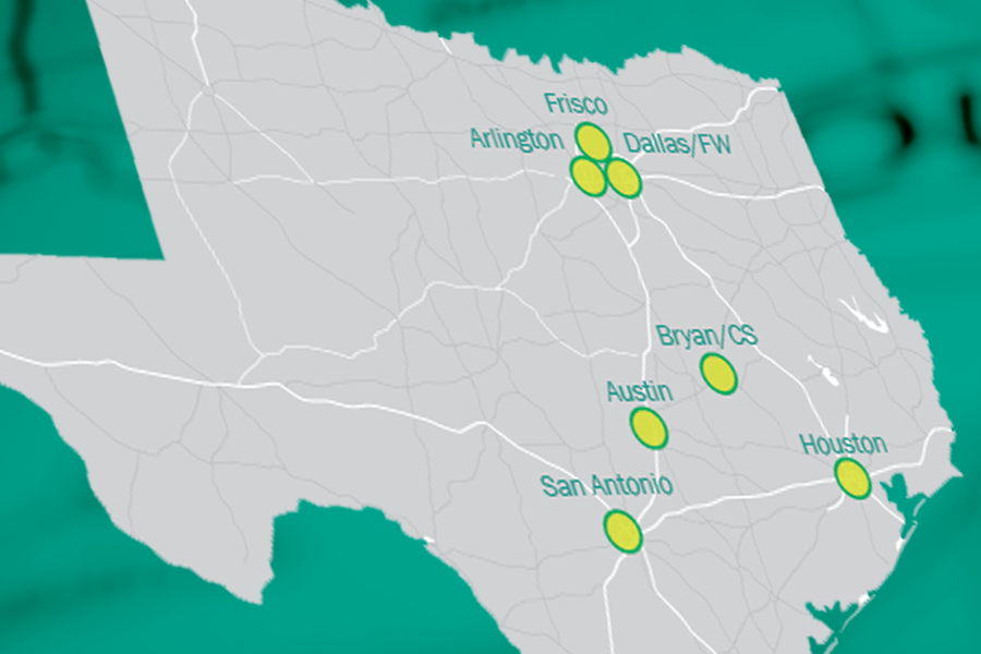 Texas innovative projects map. Frisco. Arlington. Dallas/FW. Bryan/CS. Austin. San Antonio. Houston.