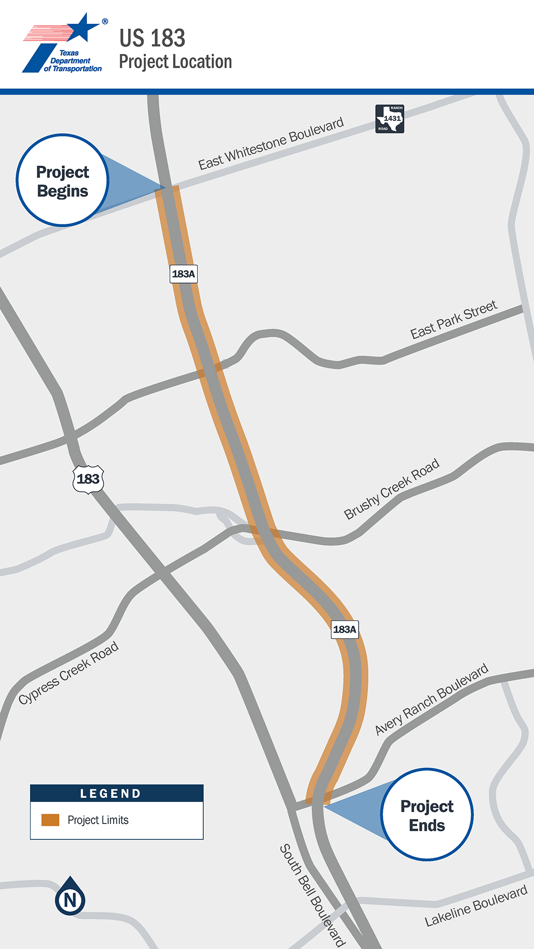 US 183 project location map from RM 1431 to Avery Ranch Blvd