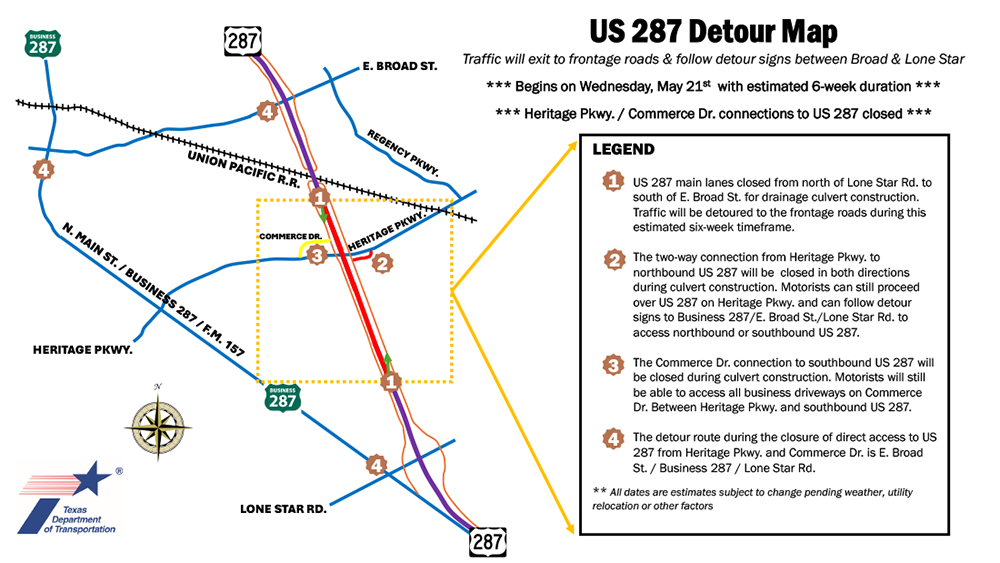 Mapa de desvío de la US 287: el tráfico saldrá a las carreteras principales y seguirá las señales de desvío