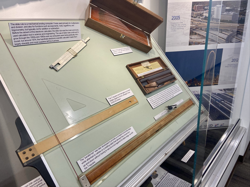 T-square, drafting table and other tools used by engineers over the years to build Texas highways. 