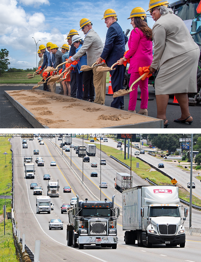 Construction ceremony at top and cars on highway at bottom