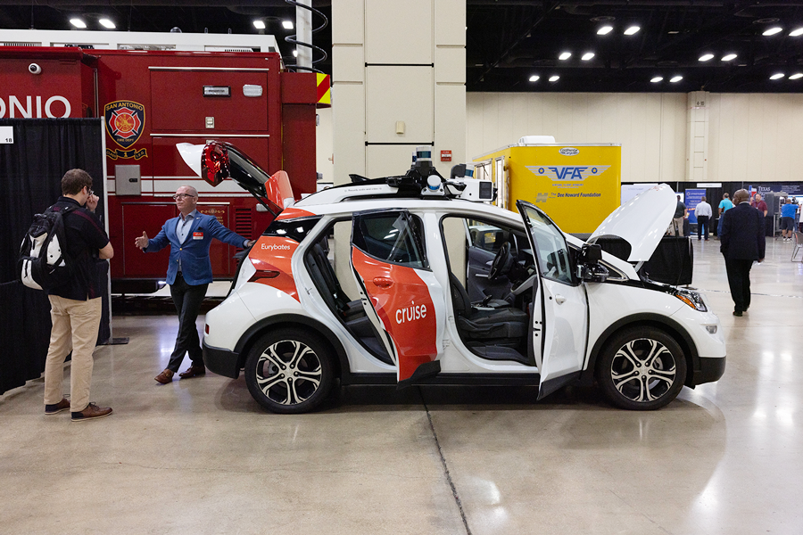 An autonomous vehicle on display at the Tech Showcase.