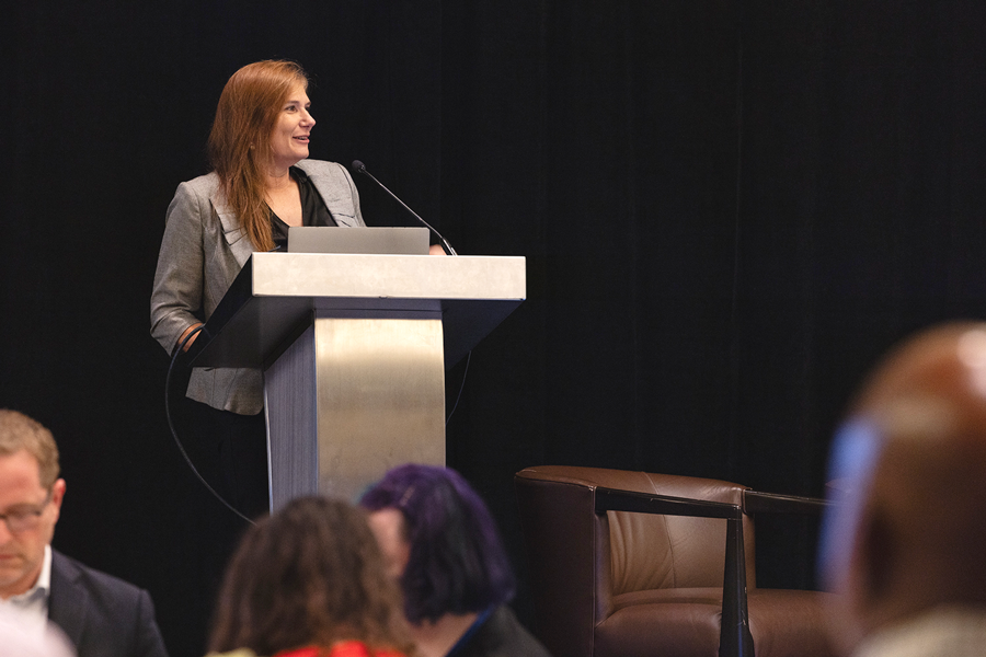 Director of TxDOT's Strategic Initiatives and Innovation Division Erika Kemp provides opening remarks at the Innovation Invitational conference.