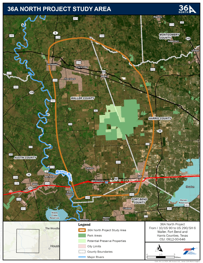 The North study area extends from Interstate 10 north to US 290 for an average length of approximately 26 miles and is about 18 miles wide in the middle. The North study area is in Waller, Fort Bend, and Harris Counties. The Brazos River travels vertically to the west of the study area and inside the area lies a Coastal Prairie Conservation preserve. The Austin County borders the west and State Highway 99 borders the east side of the study area.