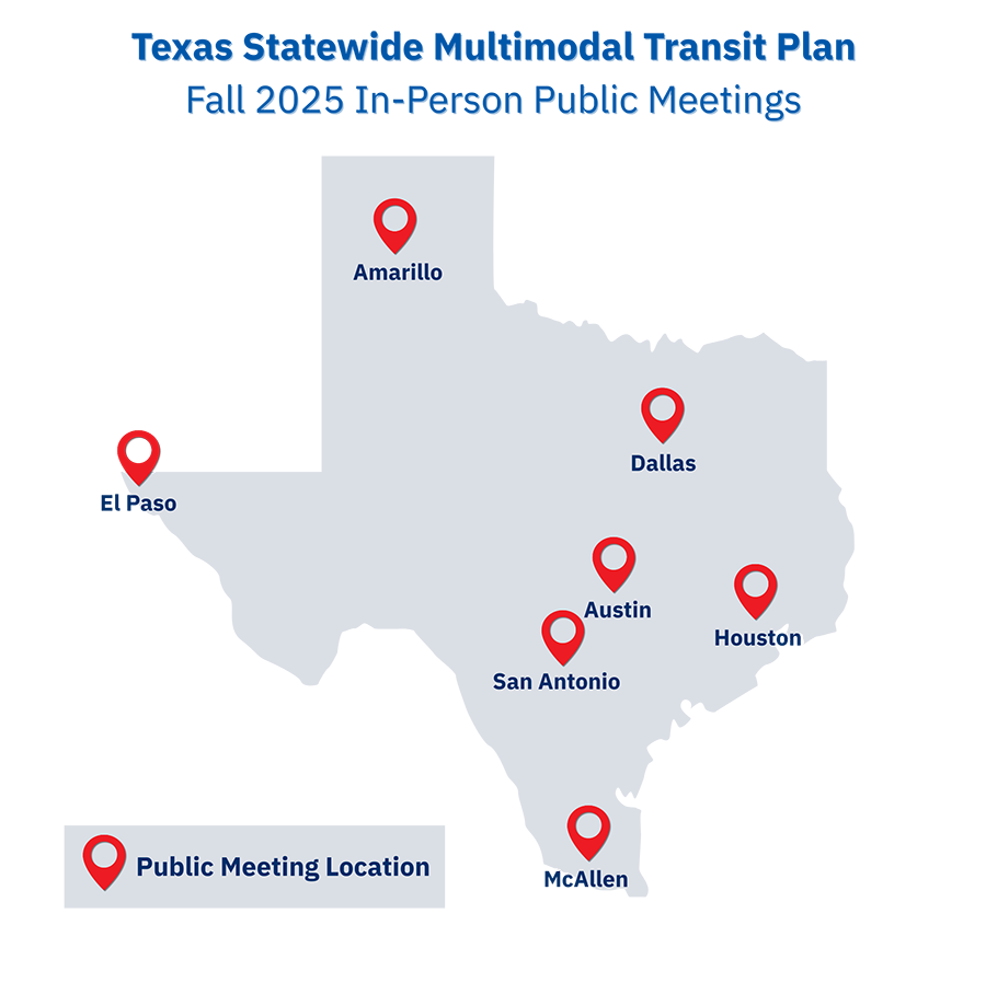 Texas Statewide Multimodal Transit Plan Plan de tránsito multimodal del estado de Texas, reuniones públicas en persona de otoño de 2025. Ubicaciones en Amarillo, El Paso, Dallas, Austin, San Antonio, Houston y McAllen.
