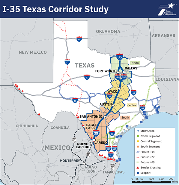 I-35 Texas Corridor Study map showing route from North Texas (north of Dallas) running to Laredo in South Texas.