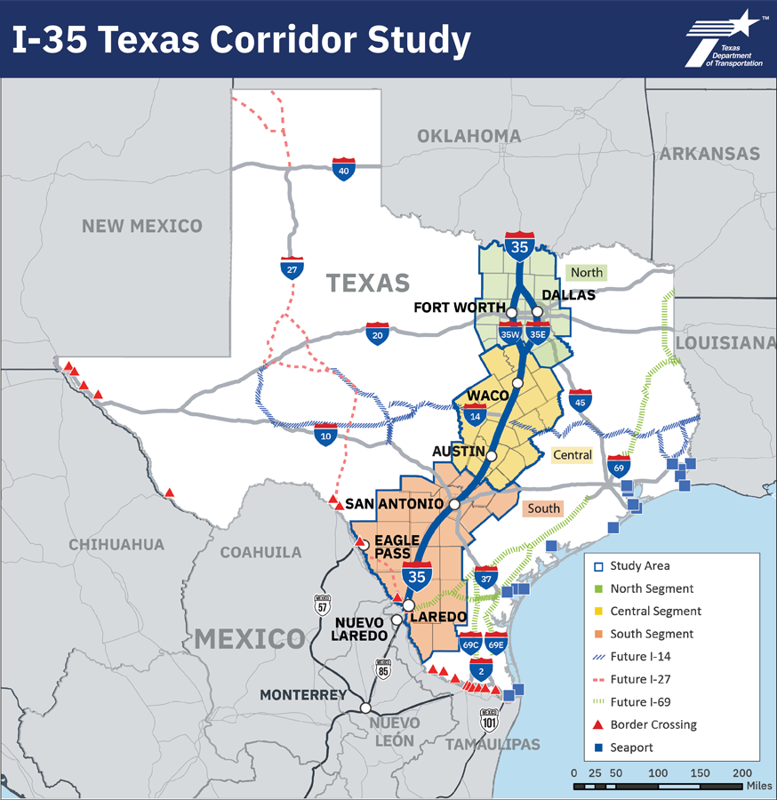 Mapa general de carreteras del área de estudio del corredor de Texas de la I-35 desde Oklahoma hasta México. Este es un mapa de estudio del proyecto para el Estudio del Corredor de Texas de la I-35 que trabaja para ofrecer un sistema de transporte seguro, confiable e integrado. Sobre la base de las inversiones actuales, el Estudio del Corredor de Texas en la I-35 identificará las brechas existentes y las necesidades y oportunidades de transporte multimodal en evolución. El mapa de Texas muestra tres regiones del grupo de trabajo etiquetadas como Norte, Centro y Sur. Las ciudades destacadas ubicadas dentro de estas regiones son Laredo, Eagle Pass y San Antonio (Sur), Austin y Waco (Central) y Dallas y Fort Worth (Norte). Las ciudades están marcadas en el mapa con iconos circulares. La carretera principal marcada en el mapa que atraviesa las tres regiones del grupo de trabajo es la I-35. Los cruces fronterizos entre Texas y México están marcados con triángulos. Las plazas a lo largo de la costa de Texas y México representan puertos marítimos. Hay líneas discontinuas que marcan la ubicación de futuras carreteras interestatales (I-14, I-27 e I-69) en toda la región y el estado en general. Este mapa se actualizó por última vez en noviembre de 2025. Para cualquier pregunta, asistencia o más información, comuníquese con https://www.txdot.gov/about/contact-us/ask-a-general-question.html?id=i30-corridor-email.