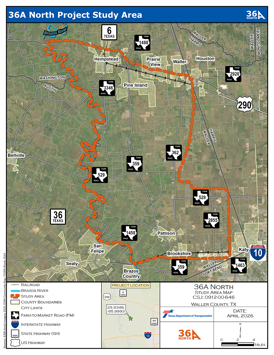 36A North Project Study Area Map. A simple project map of the study area for the 36A North Project by the Texas Department of Transportation. The map shows that the study area is located within Waller County, Texas, between I-10 and US 290. The study area boundaries are shown with a dashed orange line. The 36A North Project study area is bounded to the west by the Brazos River. The Brazos River is depicted with a solid blue line. County boundaries for Waller, Harris, Washington, Austin, and Fort Bend counties are shown in dark grey in the vicinity of the study area. Railroads are located within the study area near the northern and southern project limits and are shown with a black line with tick marks. City limits in the vicinity of and near the study area are depicted with a transparent yellow overlay. The study area includes areas within the city limits of Hempstead, Pine Island, Prairie View, Waller, Pattison, Brookshire, and Katy. Farm-to-Market Road (FM) symbols for FM 359, 362, 2855, 529, and 3346 are shown within the study area. For more information, please email the project team at 36A North @ t x d o t .gov.