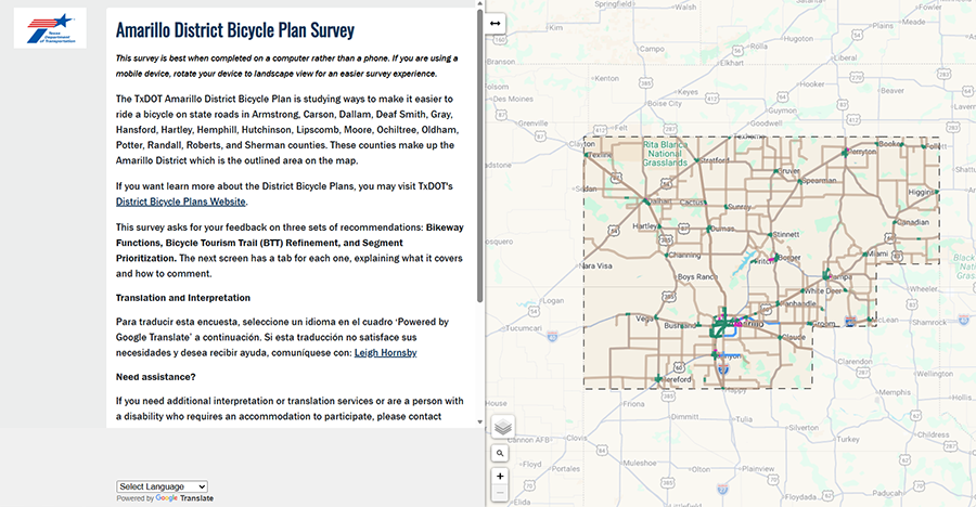 A screenshot of an interactive map, which displays the project area for the Amarillo District Bicycle Plan.