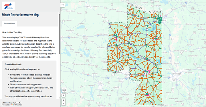 Una captura de pantalla de un mapa interactivo, que muestra el área del proyecto para el Plan de Bicicletas del Distrito de Atlanta.