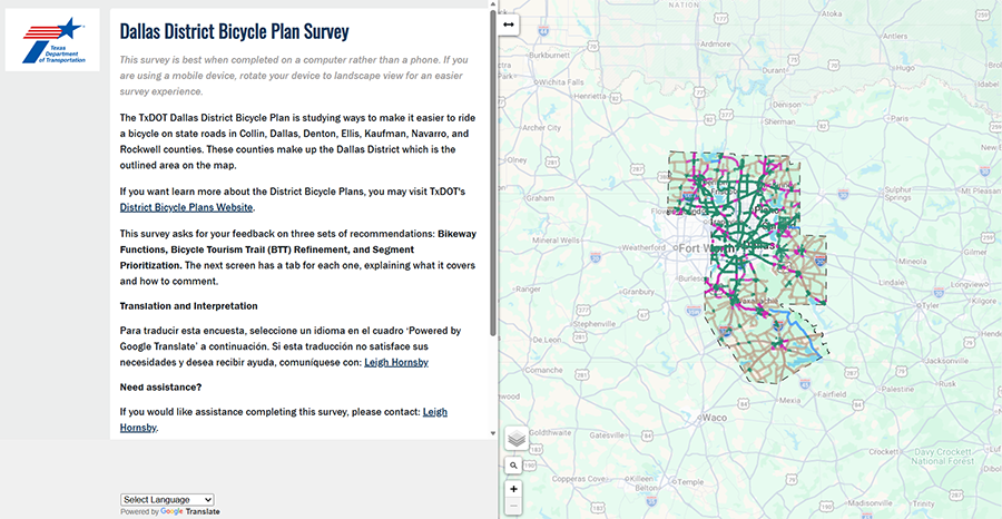 Una captura de pantalla de un mapa interactivo que muestra el área del proyecto para el Plan de Bicicletas del Distrito de Dallas.