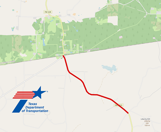 An illustrative map of the portion of Farm-to-Market Road 3016 in Houston County to be widened beginning in October 2026. The Texas Department of Transportation logo in blue and red is displayed in the lower left-hand corner. 