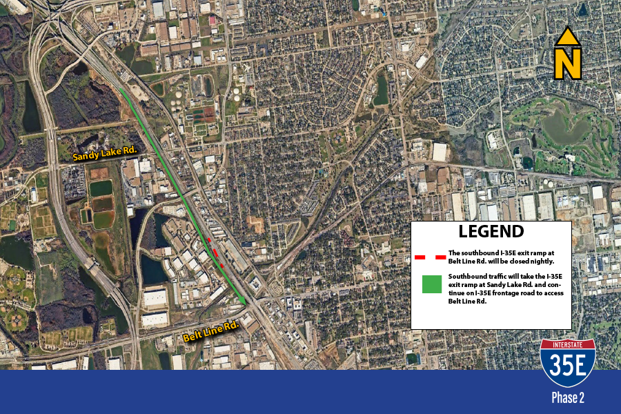 Map showing a I35e exit ramp closure and detour route. The southbound I35e exit ramp at Belt Line Rd. will be closed nightly. Southbound traffic will take the I35e exit ramp at Sandy Lake Rd., and continue on I35e frontage road to access Belt Line Rd. 
