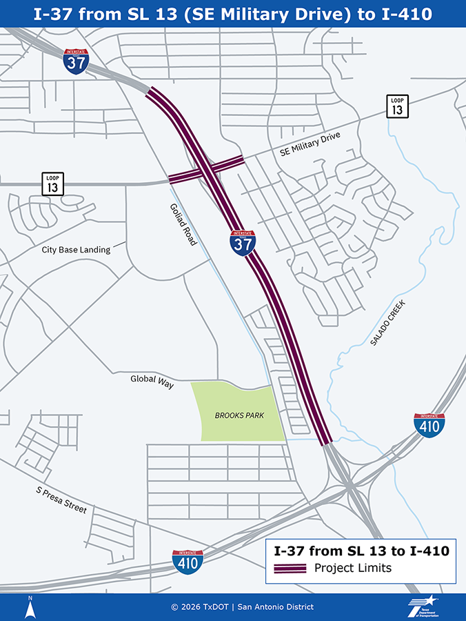 Project location map for I-37 from SL 13 (SE Military Drive) to I-410. Simple map. The project limits are shown beginning north of SL 13 and ending before I-410 to the south. The limits also cover SL 13 from Goliad Road to the next cross-street to the east of I-37. Other landmarks shown are Brooks Park to the west of I-37 and Salado Creek to the east of I-37. Copyright 2026 TxDOT San Antonio District. 