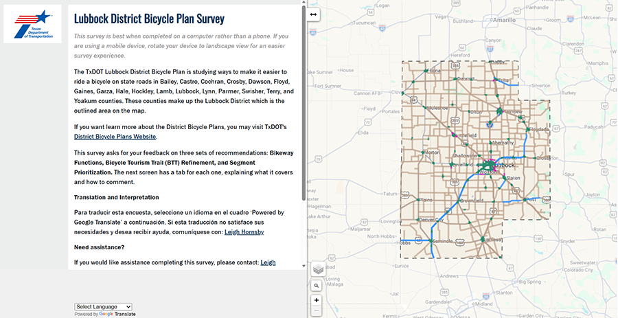Una captura de pantalla de un mapa interactivo, que muestra el área del proyecto para el Plan de Bicicletas del Distrito de Lubbock.