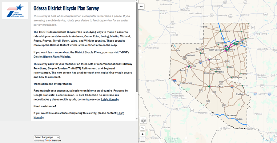 A screenshot of an interactive map, which displays the project area for the Odessa District Bicycle Plan.