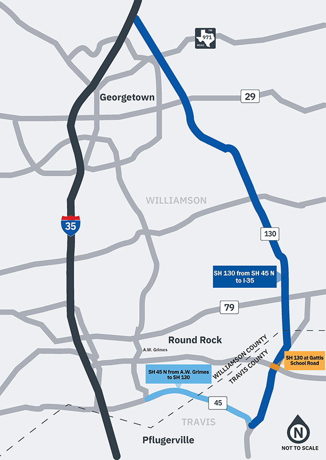 A map showing the Round Rock area at the Williamson and Travis counties line depicts SH 130 improvement projects. A widening project is shown on SH 130 from I-35 to SH 45 Southeast and on SH 45 Southeast from A.W. Grimes Boulevard to SH 130. A project to create a diverging-diamond interchange is also shown at the intersection of Gattis School Road and SH 130.