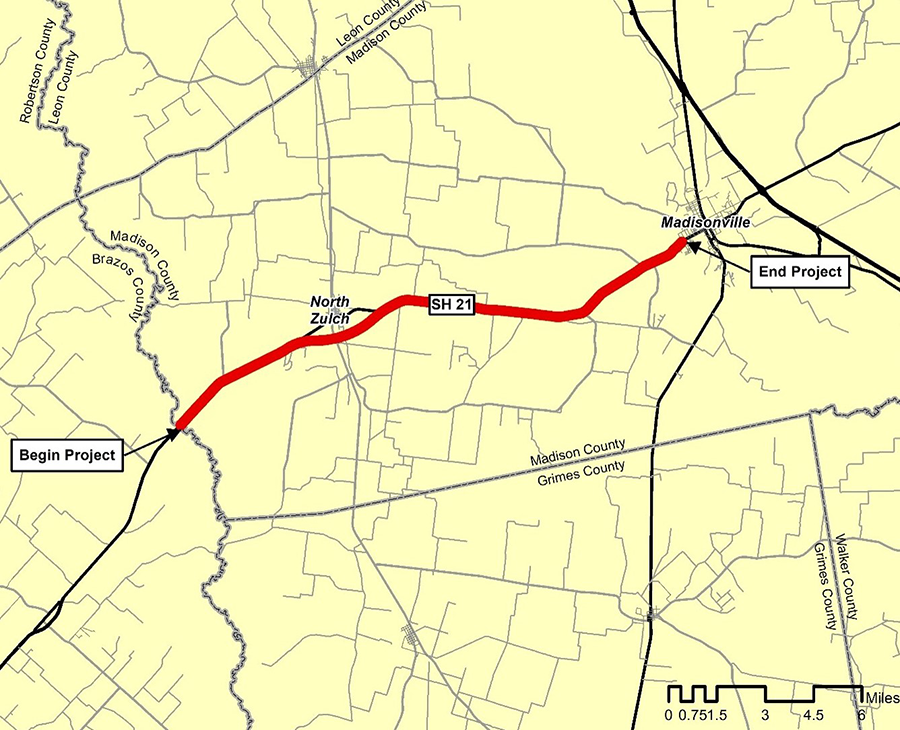 SH 21 Project Location Map SH 21 Project Location Map from Madisonville running west to the Madison/Brazos county line.