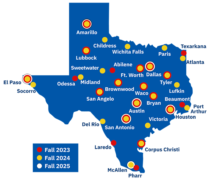 Map of Texas showing rounds of plan outreach in fall 2023, fall 2024, and fall 2025