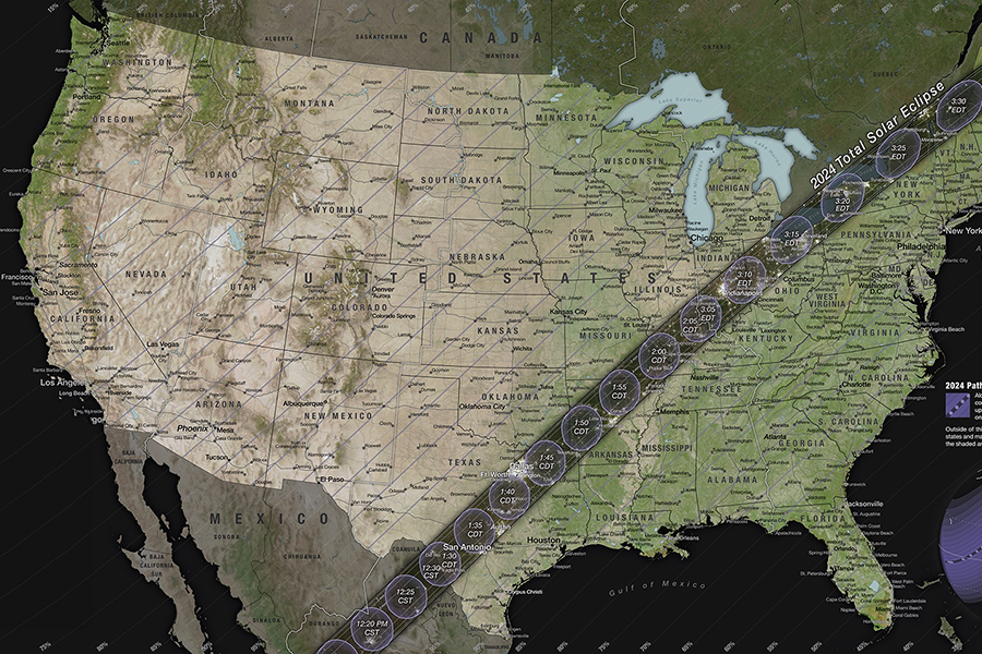 Mapa de Estados Unidos de la trayectoria total del eclipse solar de 2024