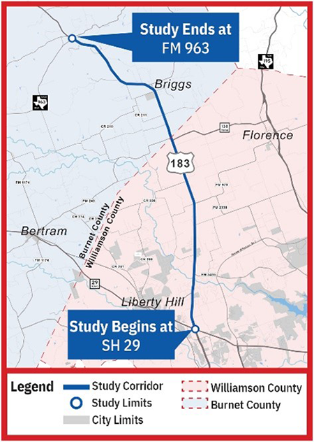 US 183 from SH 29 to FM 963 Study Area Map