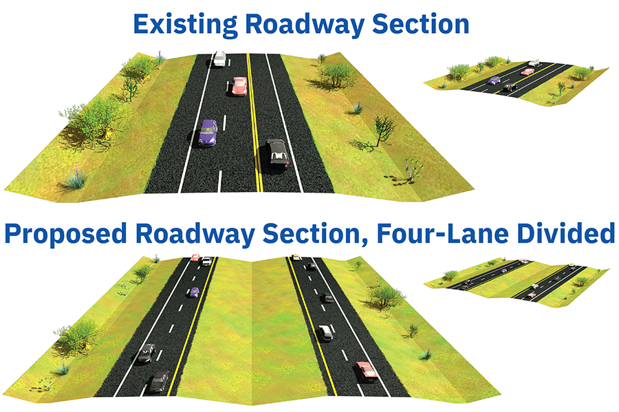 Existing roadway section compared to proposed roadway secton