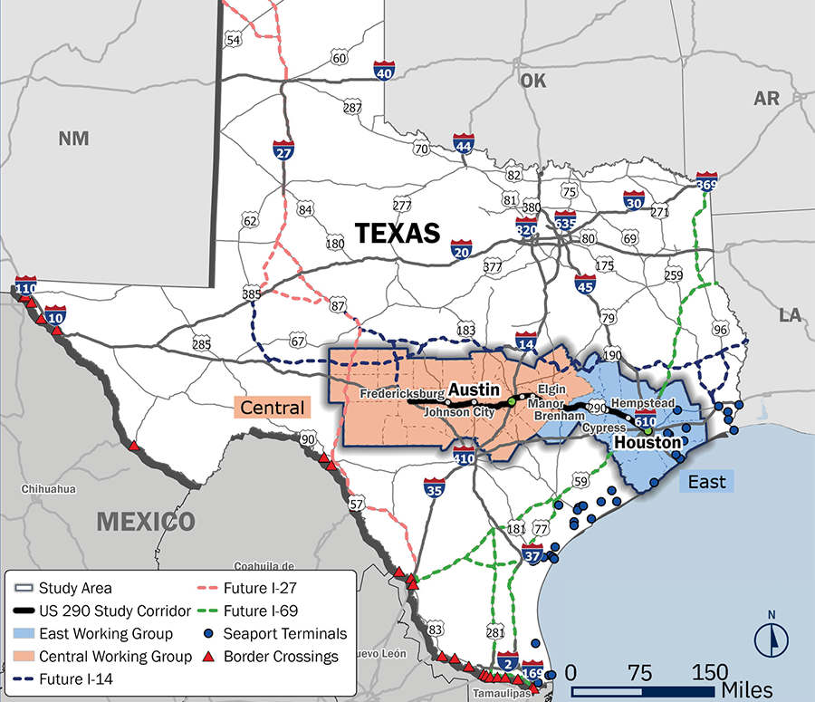 Map of Texas showing the US 290 study corridor from I‑10 west of Fredericksburg to I‑610 in Houston to the coastline. The highlighted study area includes cities such as Austin, Johnson City, Brenham, Hempstead, Cypress, and Houston. The map denotes the Central segment, which includes Fredericksburg, Austin, Johnson City, Elgin and Manor. The map also highlights the East segment, which includes Brenham, Cypress, Hempstead, and Houston.

The map labels seaports, border crossings, working group regions, and future Interstate designations. 