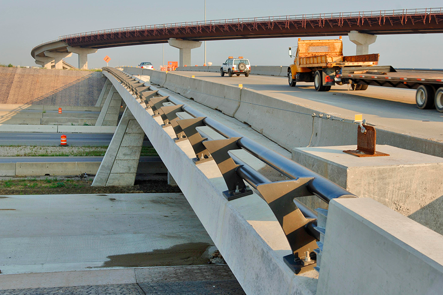 Interstate highway overpass with trucks