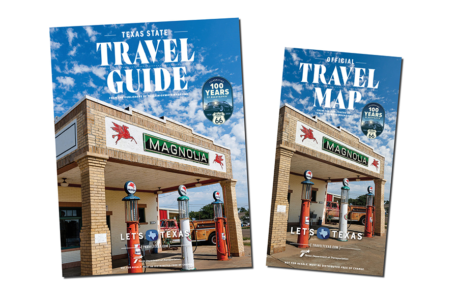 Covers for the 2026 Texas Travel Guide depicting an old gas station.