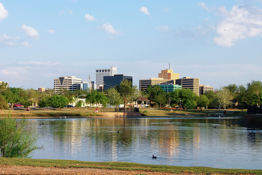 Downtown Midland, Texas on a Sunny Day as Seen Over the Pond at Wadley Barron Park