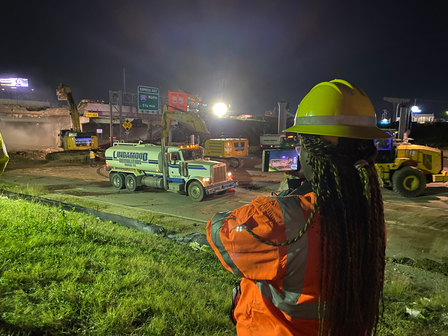 Night video record of highway construction site