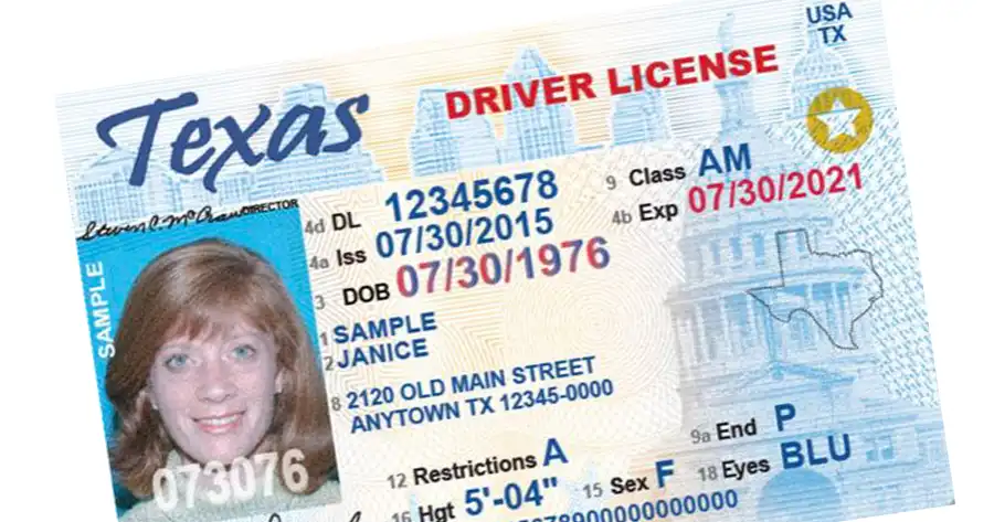 Sample of a Texas drivers license with photo, license number, date of birth, name, address and height/weight/eye color
