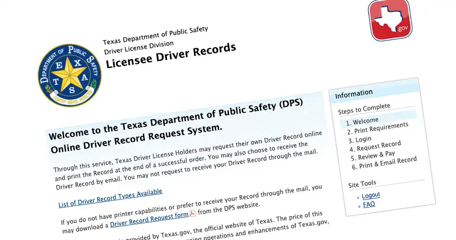 Screenshot of Texas Department of Public Safety (DPS) online driver record request system.