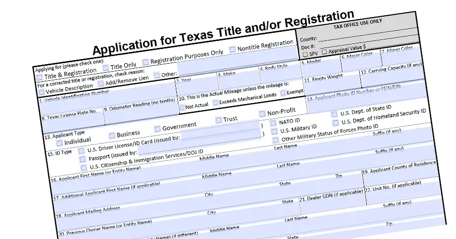 Screenshot of the form for Application for Texas Title and/or Registration