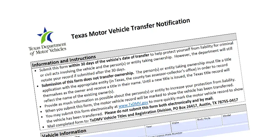 Screenshot of the form for Application for Texas Title and/or Registration