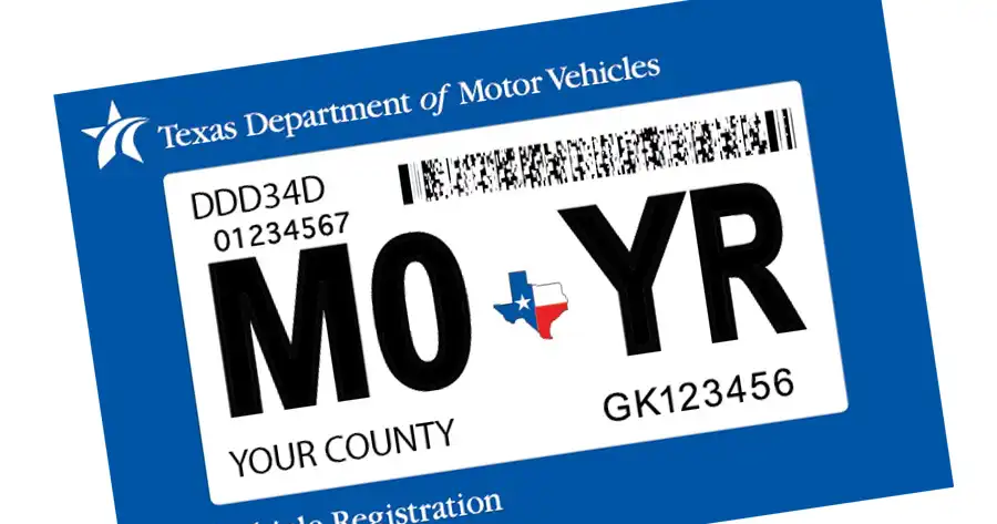 Example of a vehicle registration sticker from the Texas Department of Motor Vehicles, with the month and year prominent