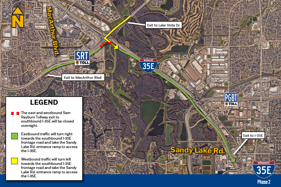 El tráfico en dirección este girará a la derecha hacia la carretera de servicio sur de la I-35E y tomará la rampa de entrada de Sandy Lake Road para acceder a la I-35E.
El tráfico en dirección oeste girará a la izquierda hacia la carretera de servicio sur de la I-35E y tomará la carretera Sandy Lake. rampa de acceso a la I-35E.