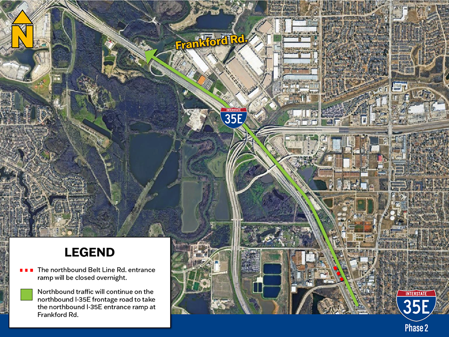 Northbound traffic will continue on the northbound I-35E frontage road to take the northbound I-35E entrance ramp at Frankford Rd.