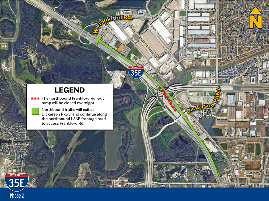 El tráfico en dirección norte saldrá en Dickerson Pkwy. y continúe por la carretera de acceso a la I-35E en dirección norte para acceder a Frankford Rd.