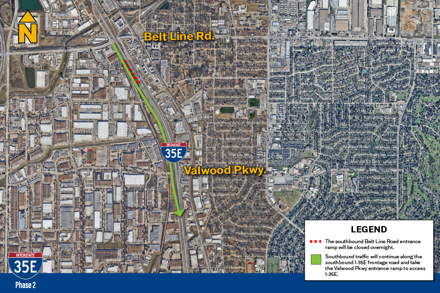 Southbound traffic will continue along the southbound I-35E frontage road and take the Valwood Pkwy entrance ramp to access I-35E.