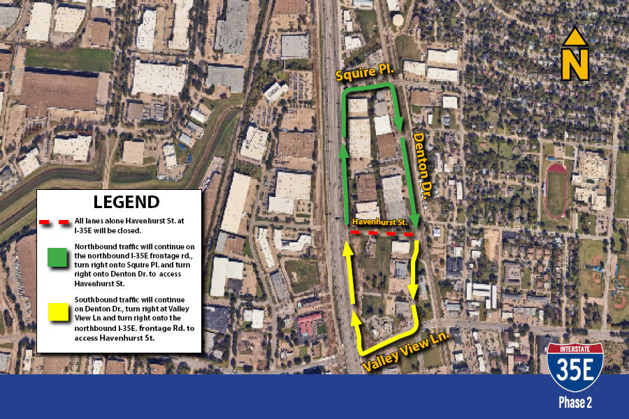 I35E Havenhurst Conltinuos Closure Todos los carriles de Havenhurst St. en la I-35E estarán cerrados.