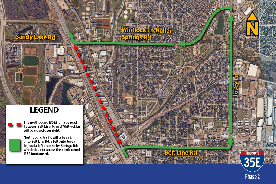 i35e-nbfr-beltline-to-whitlock-josey-overnight The northbound i35e frontage rd between belt line rd and whitlock ln will be closed overnight.